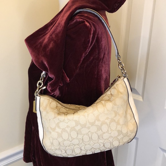 COACH Ivory Neutral C Logo Fabric Top Handle Top Zipper Leather Trim Bag - Picture 2 of 15